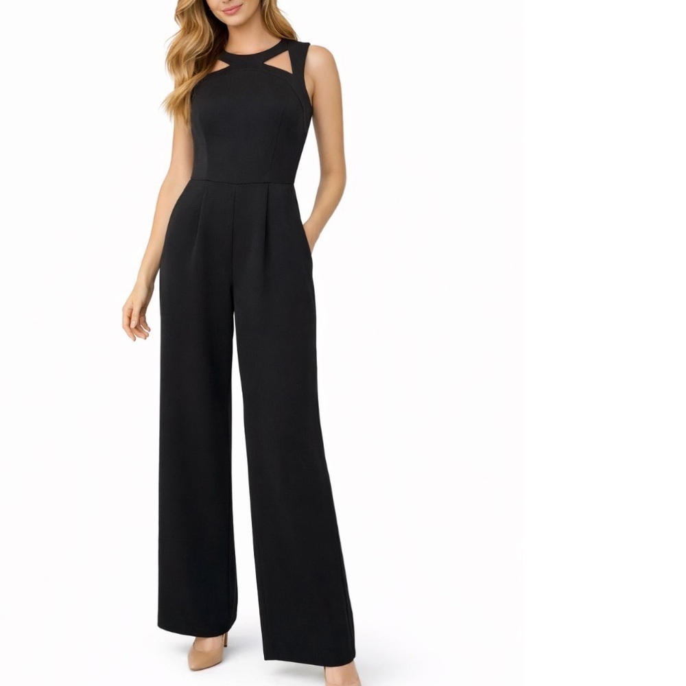 CALVIN KLEIN BLACK JUMPSUIT cutout neckline pockets romper wide leg SZ 2